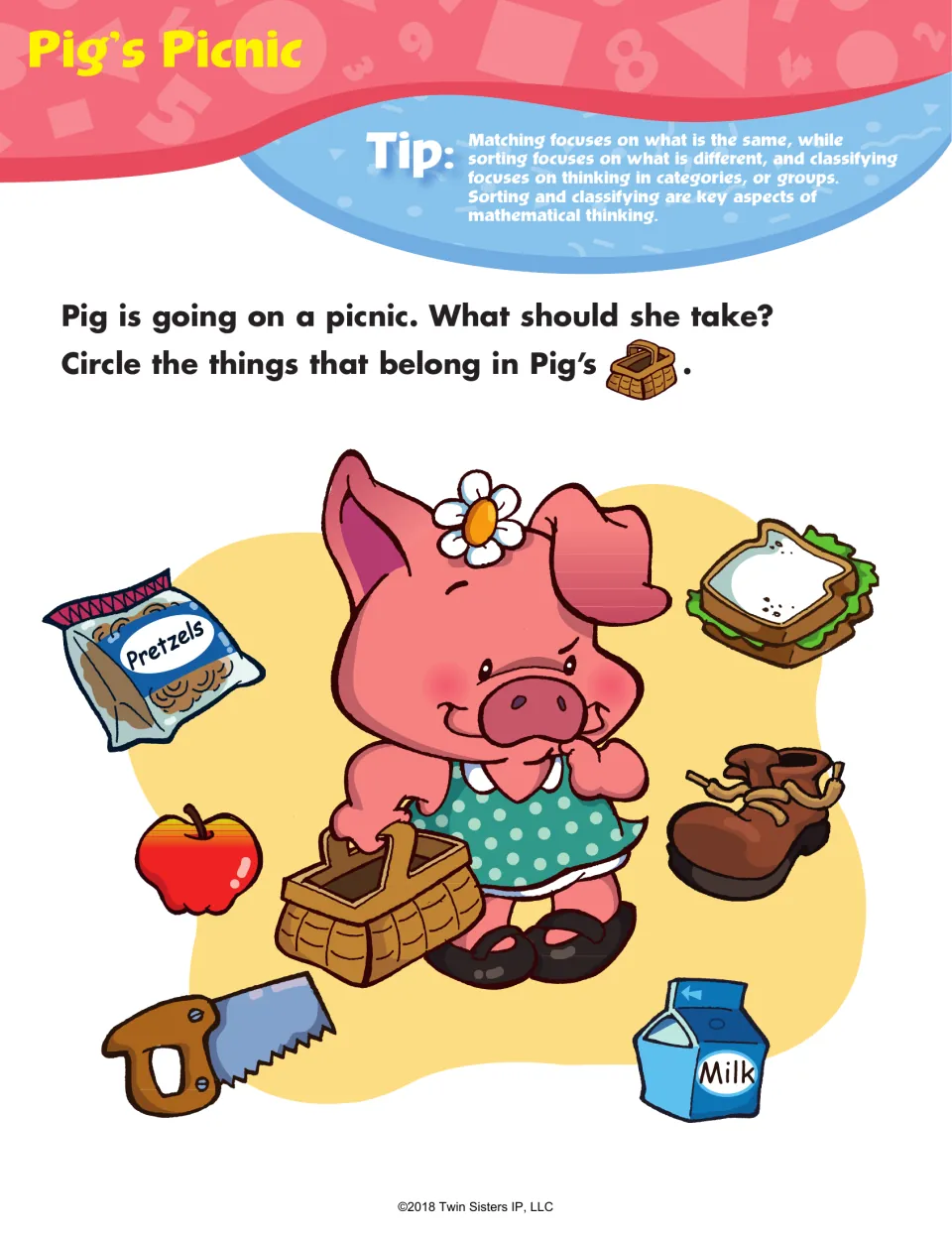 Pig's Picnic sorting: students circle items that belong in the picnic basket, such as pretzels, apple, milk and sandwich