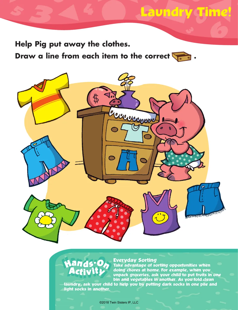 Laundry Time! sorting: students draw a line from each shirt, pair of shorts or tank top to the correct dresser drawer