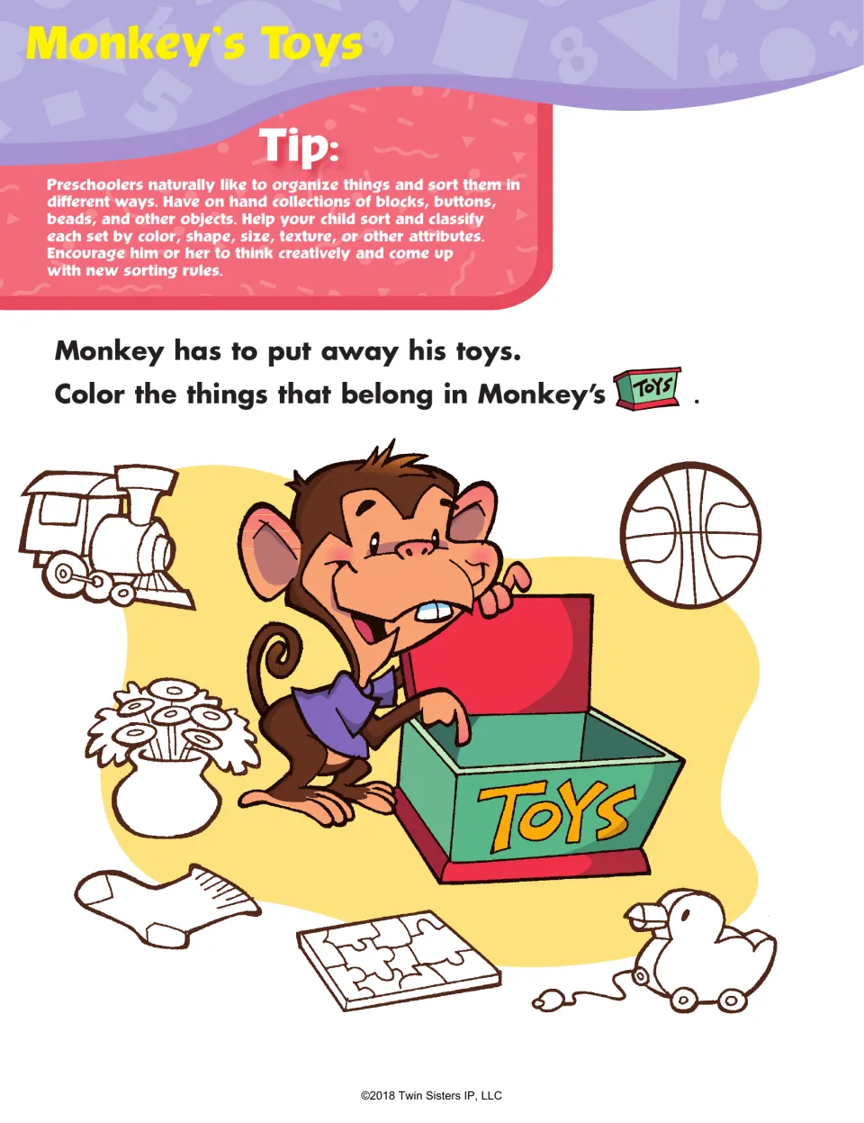 Monkey's Toys sorting: students color the train, ball, puzzle and pull duck for the toy box, not the sock or vase
