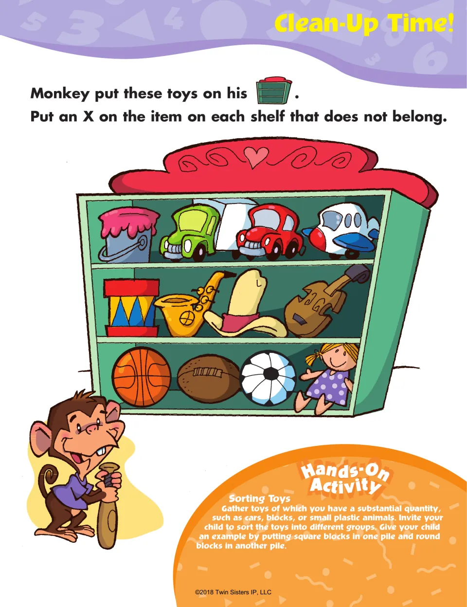 Clean-Up Time! odd one out: students put an X on the item on each toy shelf that does not belong, such as the banana
