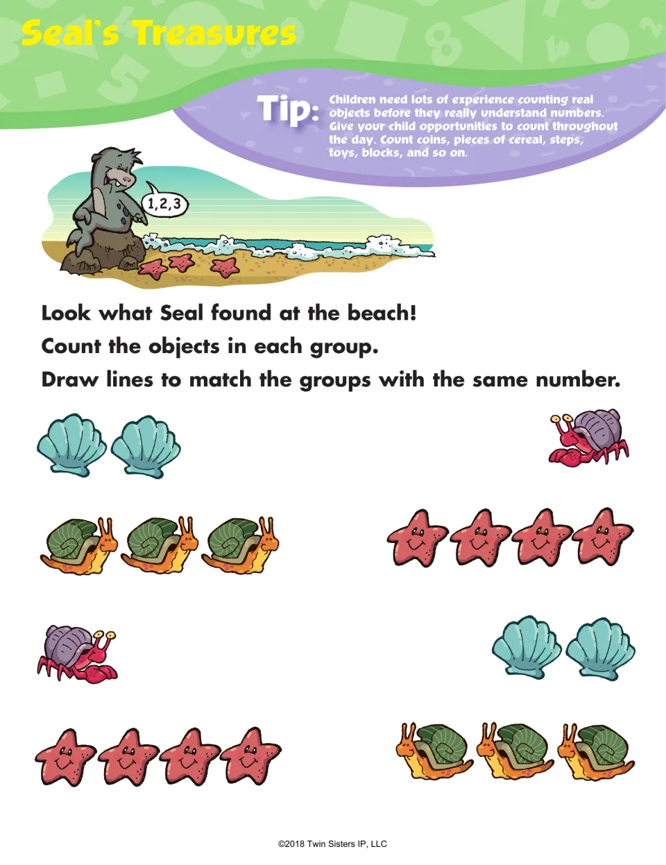 Seal's Treasures counting: students count shells, snails, hermit crabs and starfish, then match groups with the same number