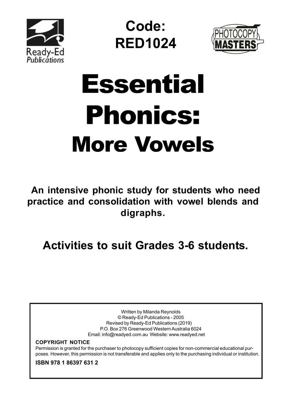 Essential Phonics: More Vowels workbook cover, a phonic study of vowel blends and digraphs for Grades 3–6 students