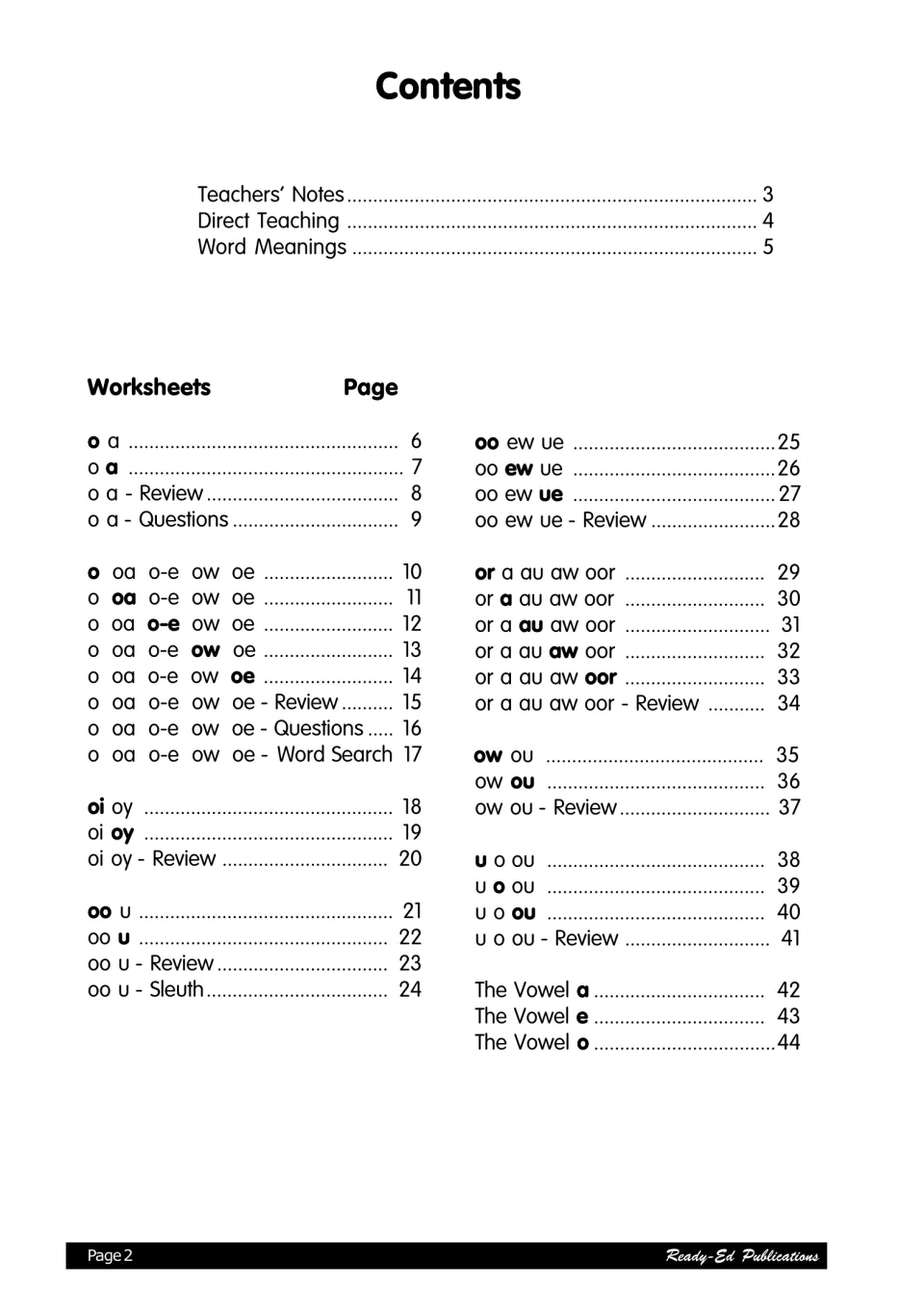 Contents: teacher pages, then worksheets for o/a, oa, oi/oy, oo/u, ew/ue, or/aw, ow/ou and more on pages 6–44