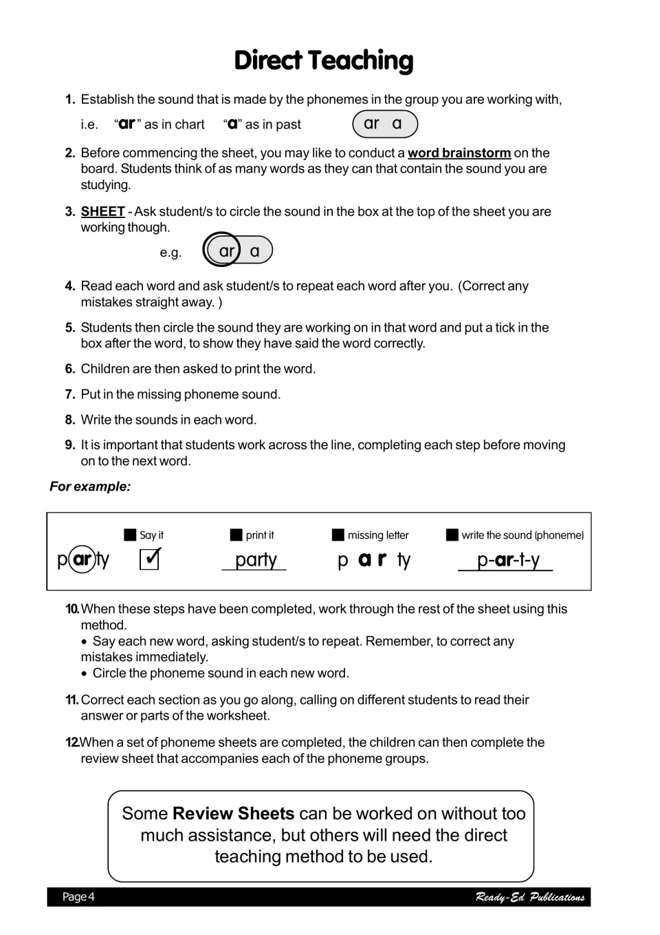 Direct Teaching steps for each sheet: say it, print it, missing letter, write the sounds, shown with 'party'