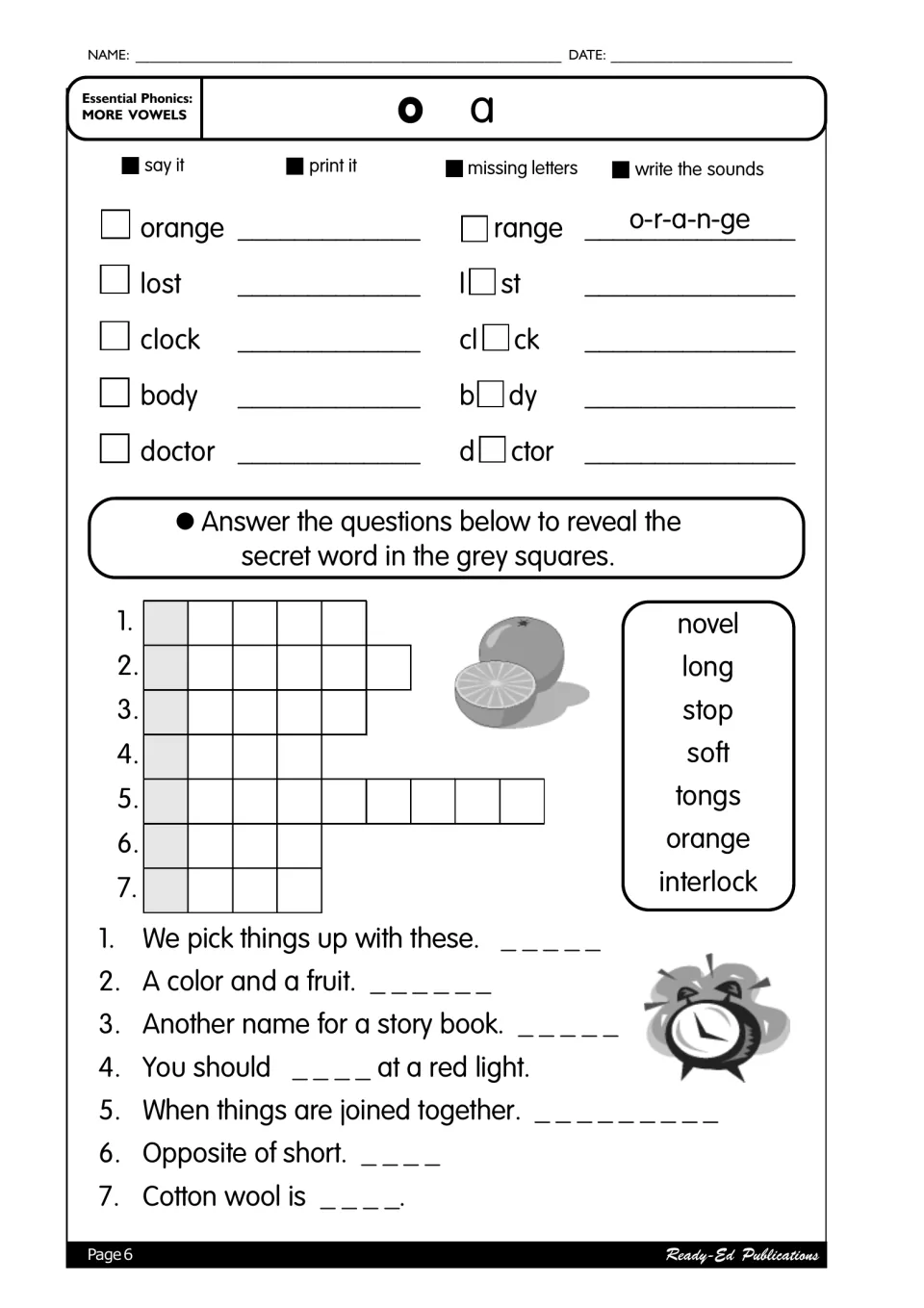 o sound practice: orange, lost, clock, body, doctor, plus clues revealing a secret word in the gray squares