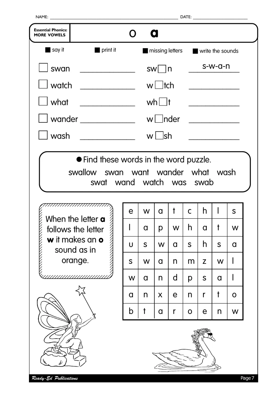a as in swan: swan, watch, what, wander, wash, a rule that a after w sounds like o, and an 11-word word search