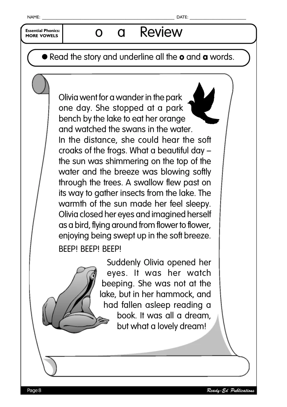 o and a review story: Olivia wanders in the park, watches swans and dreams, with all o and a words to underline