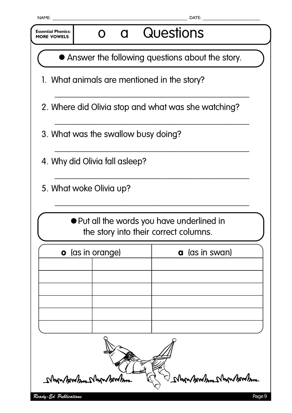 o and a questions: five questions about Olivia's story and sorting underlined words by o (orange) or a (swan)