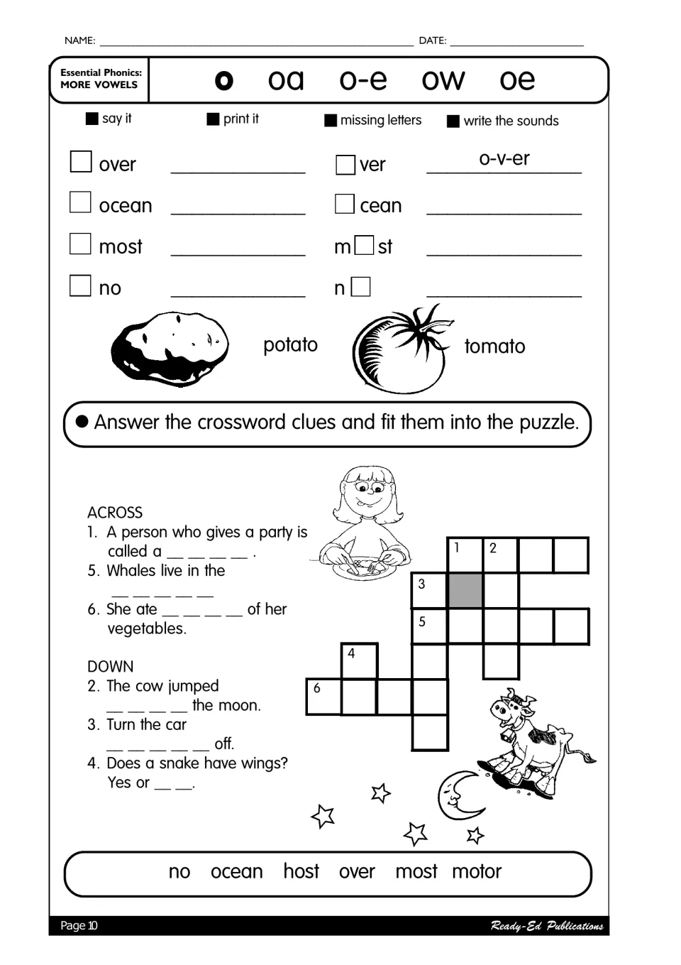 Long o spellings o, oa, o-e, ow, oe: over, ocean, most, no, potato, tomato, plus a crossword using host and motor