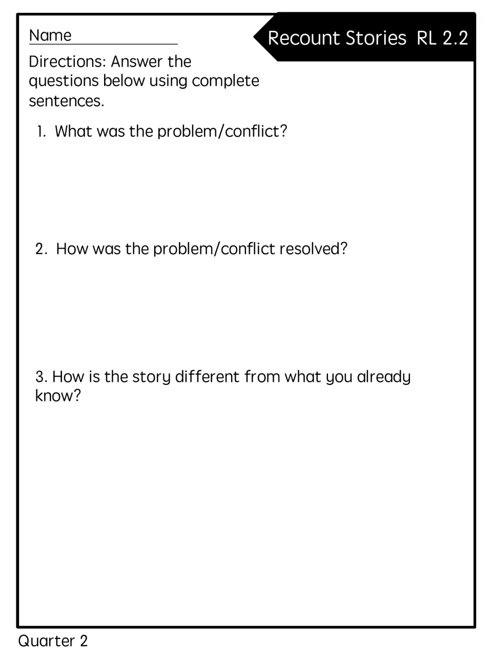 Recount Stories quick check asks about the conflict, its resolution, and how the story differs from prior knowledge.