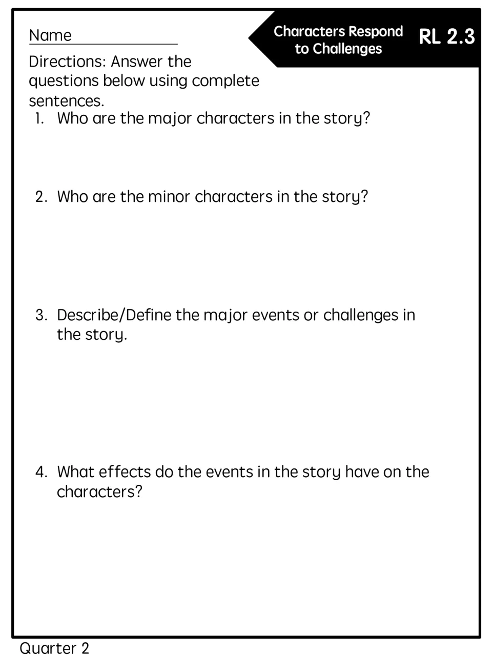 Character response quick check asks about major and minor characters, story challenges, and effects on characters.
