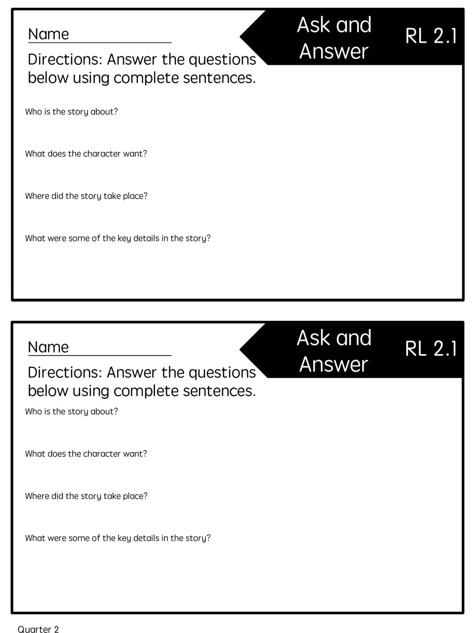 Two copies of the story questions quick check ask about the character, character's wants, setting, and key details.