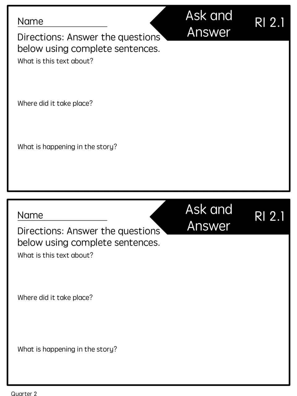 Two copies of the text questions quick check ask what the text is about, where it took place, and what is happening.
