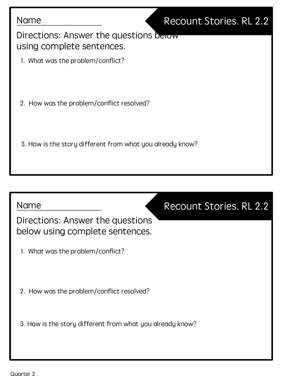 Two Recount Stories quick checks ask about the conflict, its resolution, and differences from prior knowledge.