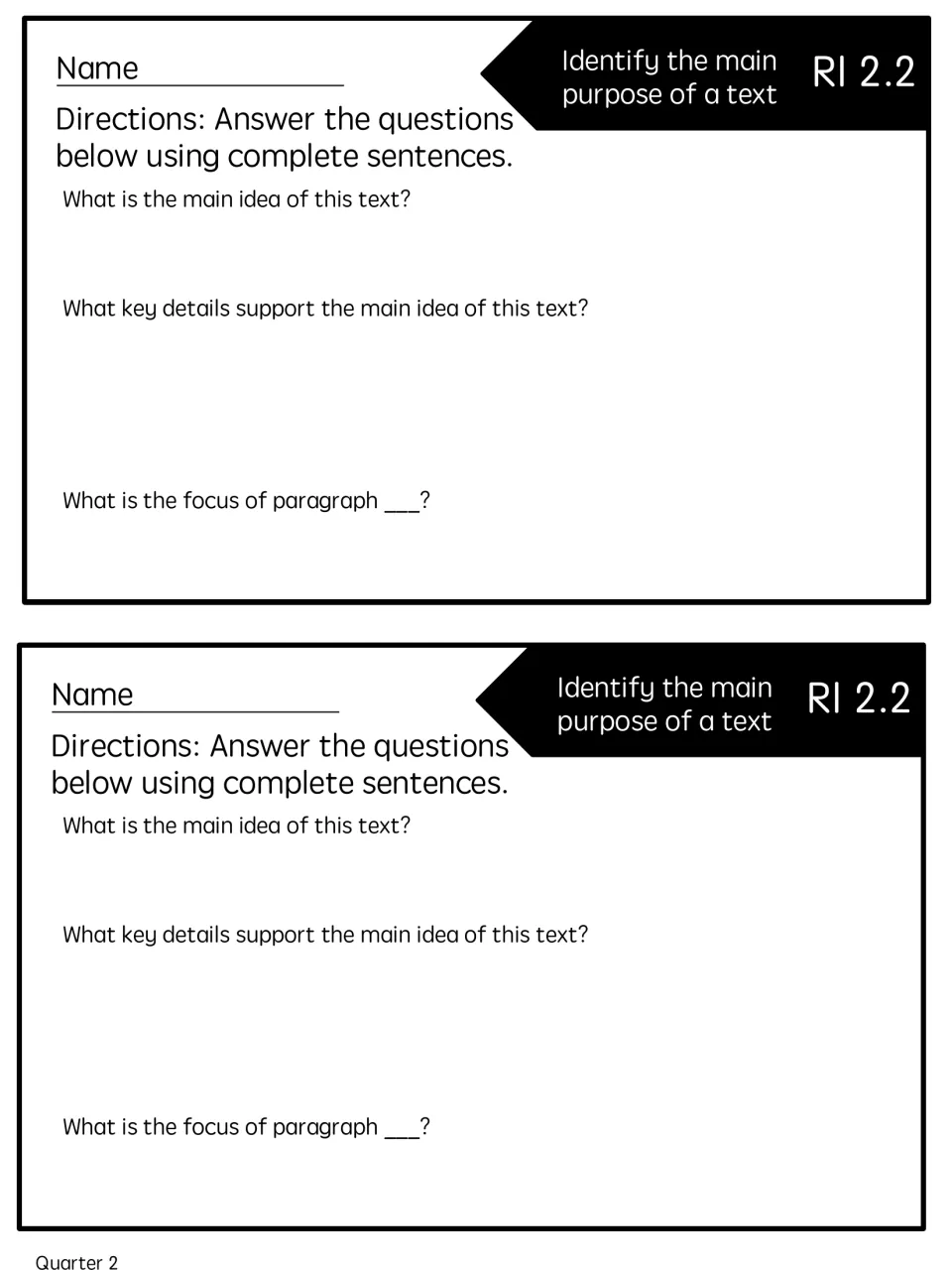 Two copies of the main idea quick check ask for the text's main idea, supporting key details, and paragraph focus.