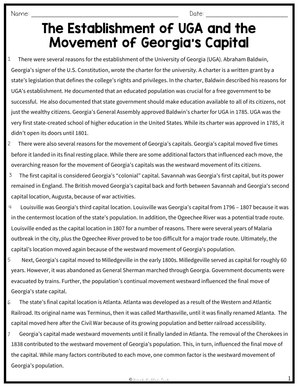 Reading passage explains UGA’s founding and Georgia’s capital locations from Savannah through Atlanta.
