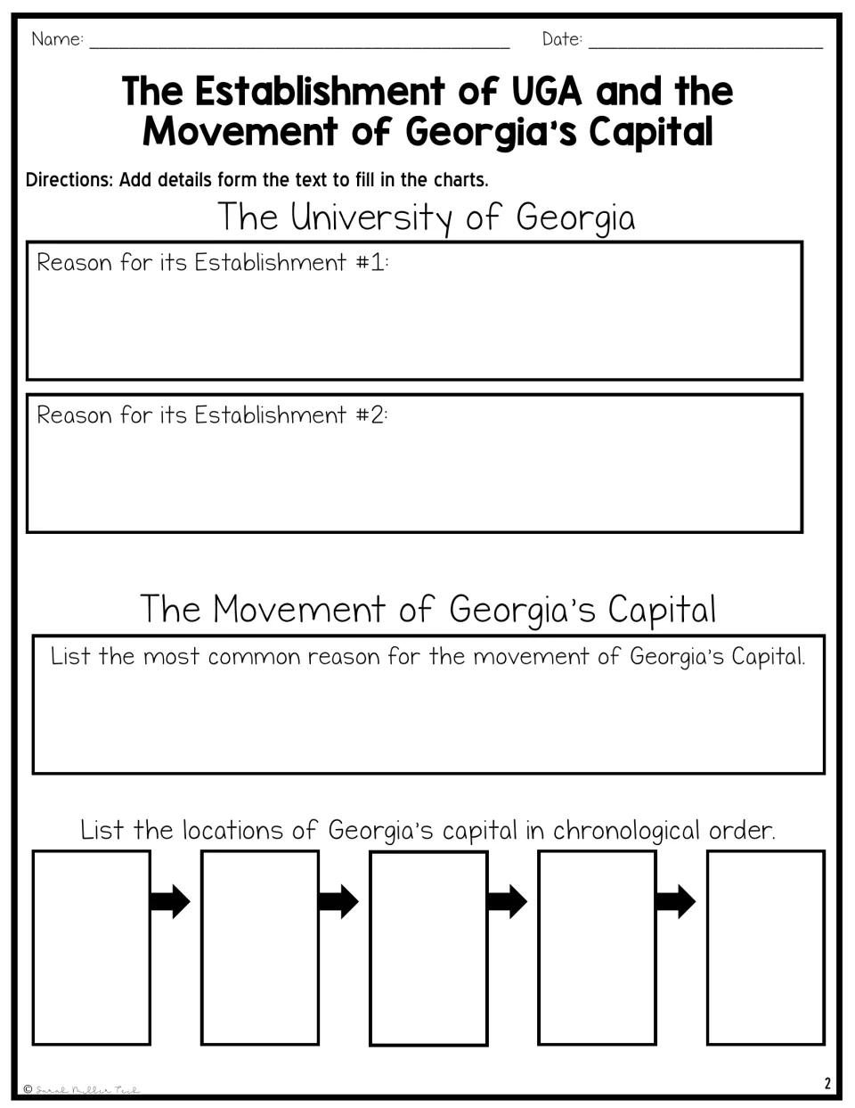 Graphic organizers ask for two reasons UGA was established, why Georgia’s capital moved, and the city sequence.