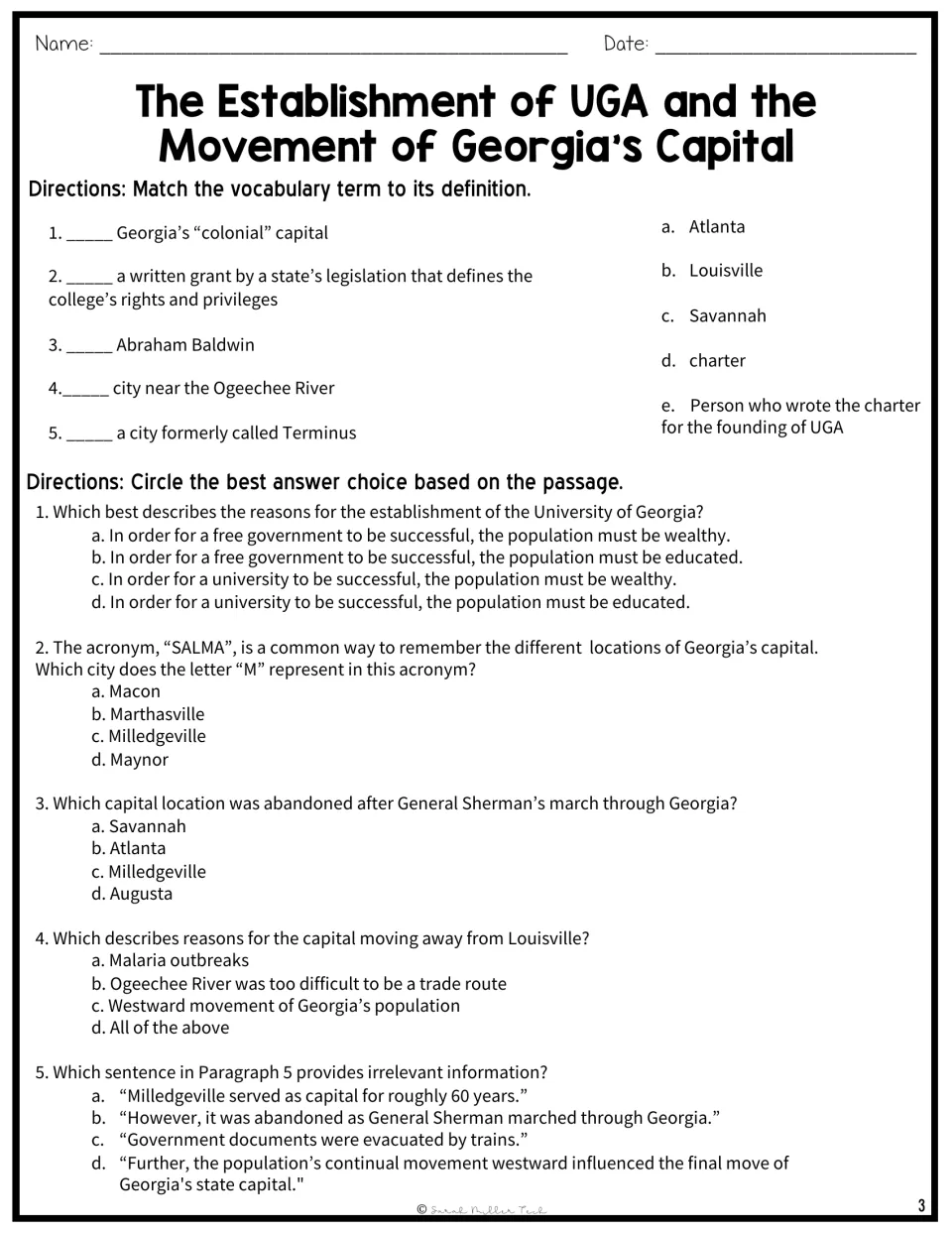 Five vocabulary matches and five multiple-choice questions review UGA, Georgia’s capitals, and passage details.