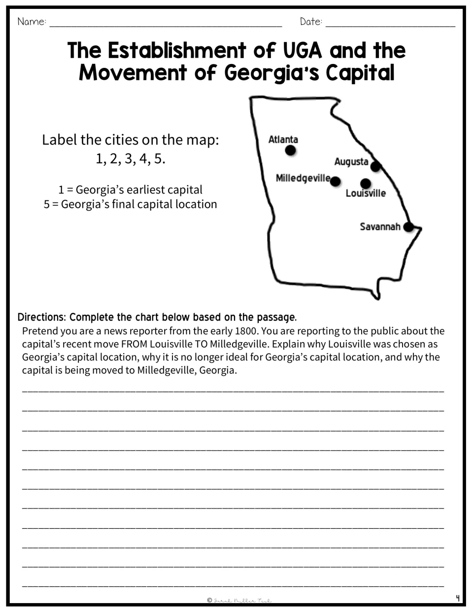 Map task asks students to number Georgia’s capitals; a news report prompt explains the move from Louisville.