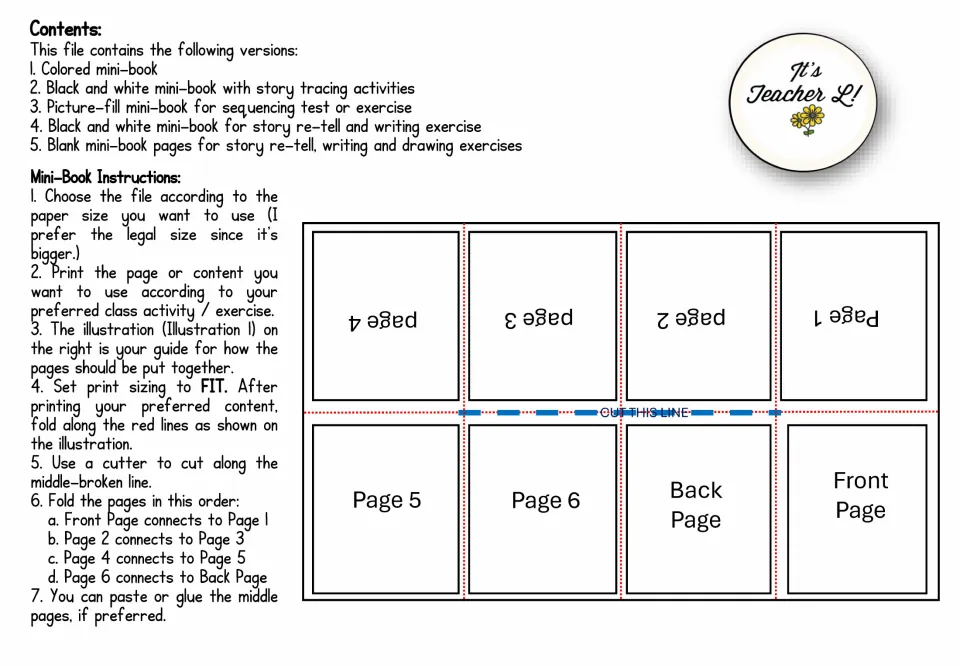 Mini book contents list five versions, followed by printing, folding, cutting, and page assembly instructions