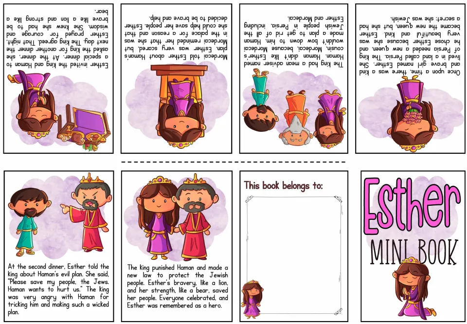 Color mini book sheet tells how Esther becomes queen, learns of Haman's plan, and helps save the Jewish people
