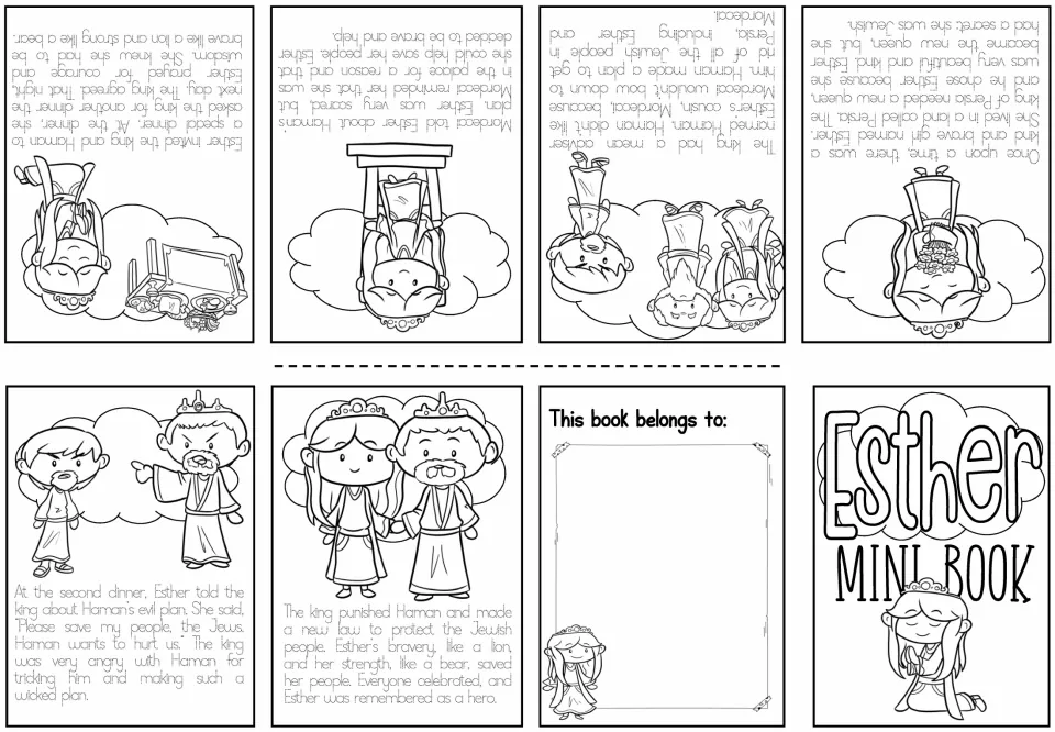 Black-and-white mini book sheet pairs Esther's six story scenes with traceable text, a cover, and an ownership page