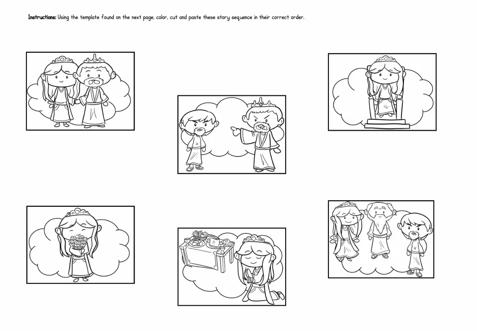 Six Esther story picture cutouts for coloring and sequencing, including her coronation and Haman's punishment