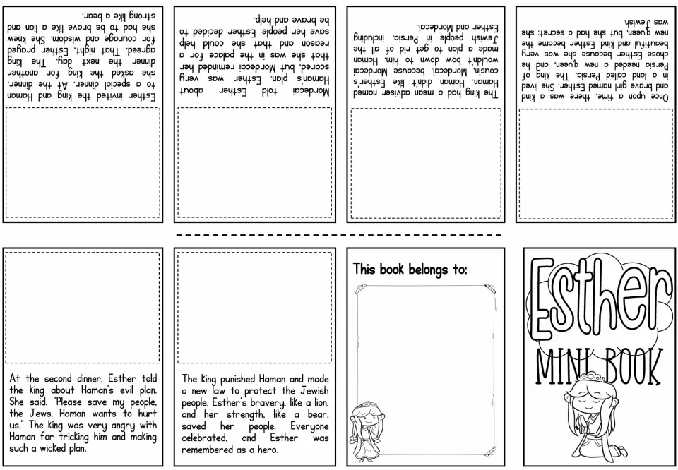 Picture-fill mini book sheet has six Esther story passages and spaces for pasting the matching sequence pictures