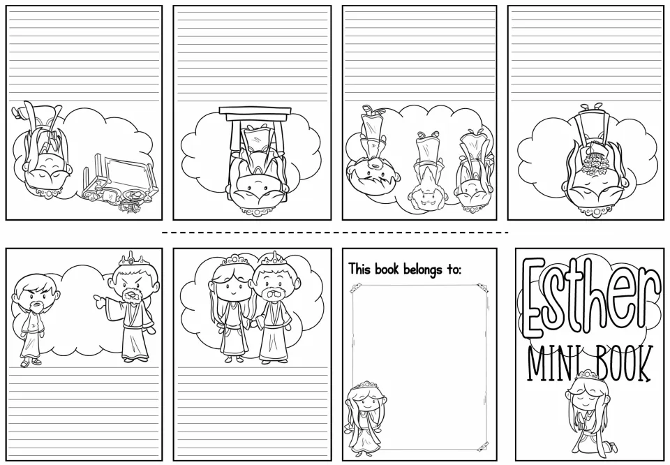 Story retelling mini book sheet provides six Esther illustrations and writing space for students' own retelling