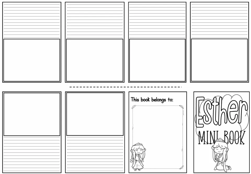 Blank story mini book sheet provides six spaces for writing and drawing an Esther retelling, plus a cover