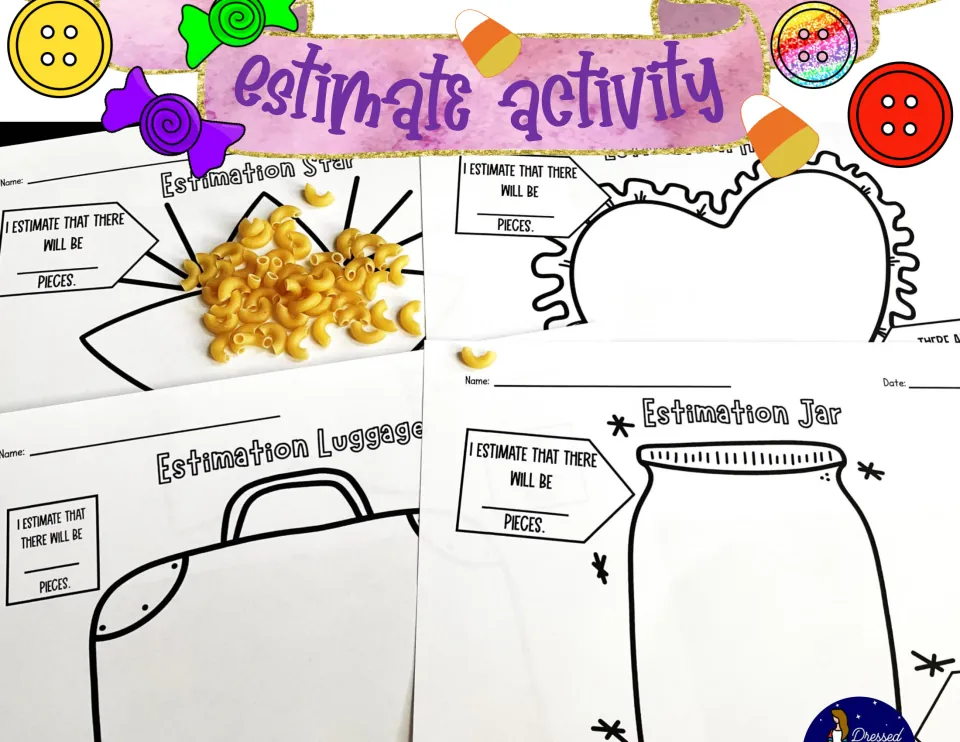 Estimate Activity cover showing Estimation Star, Heart, Jar and Luggage mats, one with macaroni pieces on top