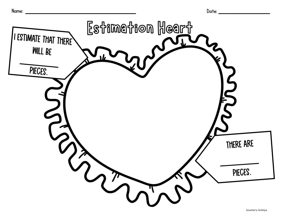 Estimation Heart: students guess how many pieces will cover the frilly heart, then count them and write the true total