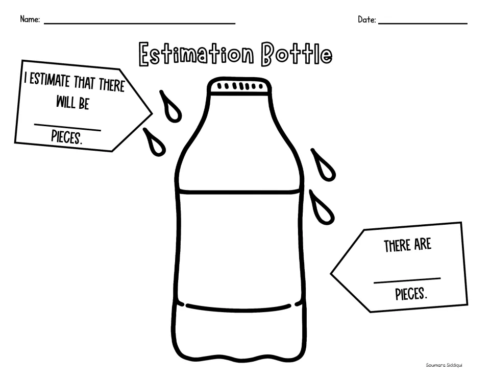Estimation Bottle: students predict how many pieces fill the water bottle, then count them and write the actual total