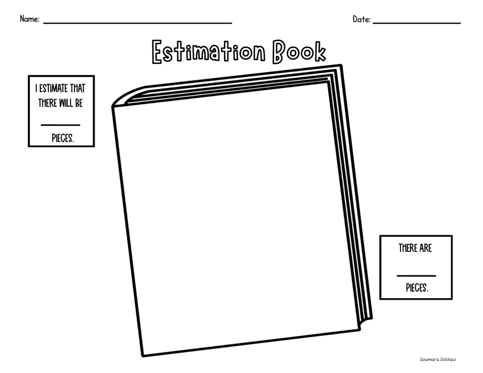 Estimation Book: students estimate how many pieces will cover the book cover, then count and record the exact number