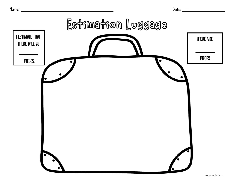 Estimation Luggage: students guess how many pieces fit on the suitcase, then count them and fill in the actual total