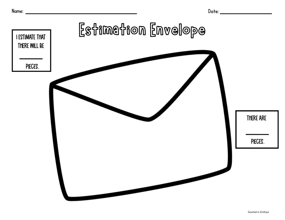 Estimation Envelope: students predict how many pieces will fit on the envelope, then count and write how many there are