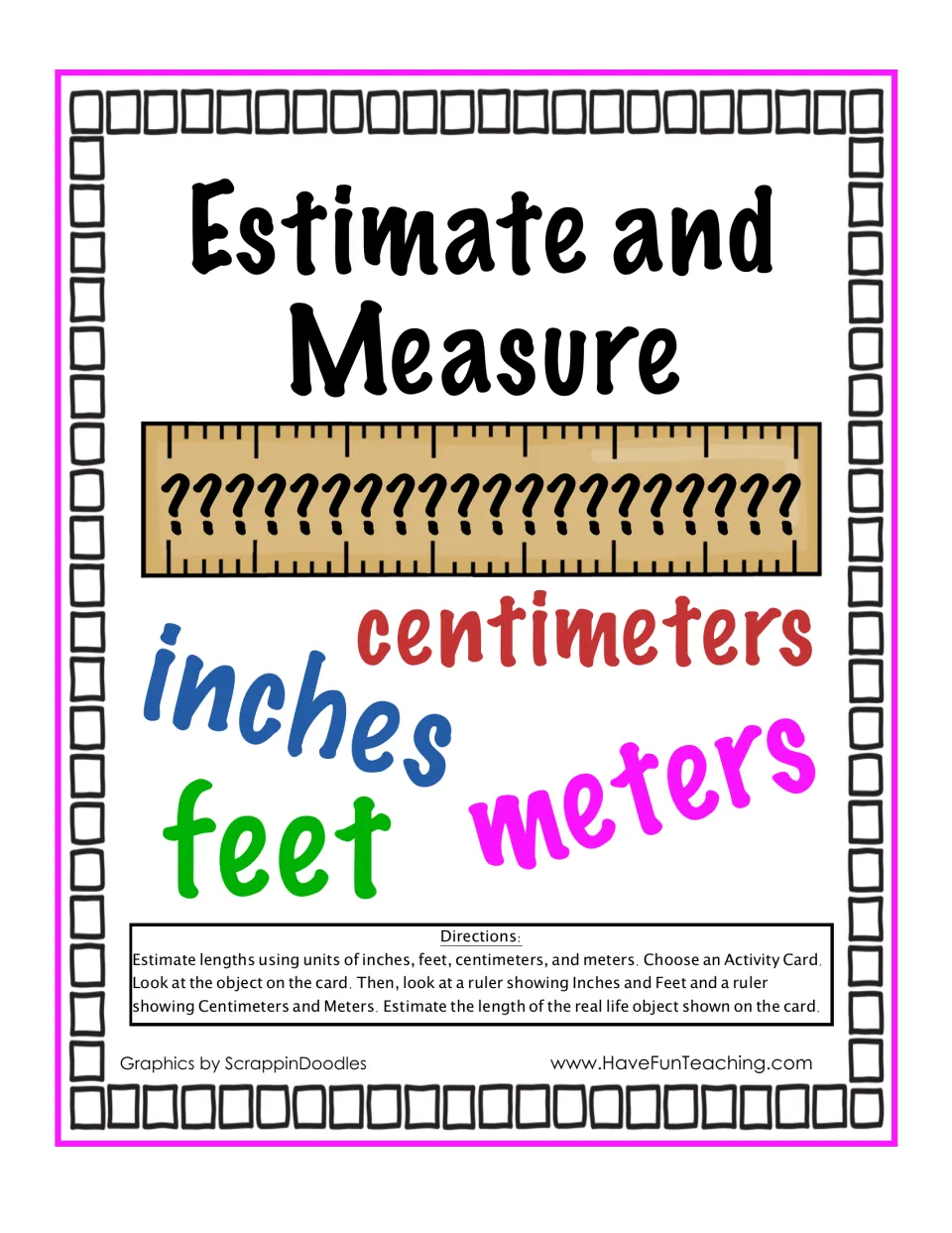 Cover and directions for estimating real-life object lengths in inches, feet, centimeters, and meters.