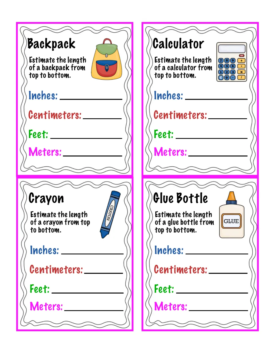 Estimation cards 1–4: backpack, calculator, crayon, and glue bottle, using four units of length.