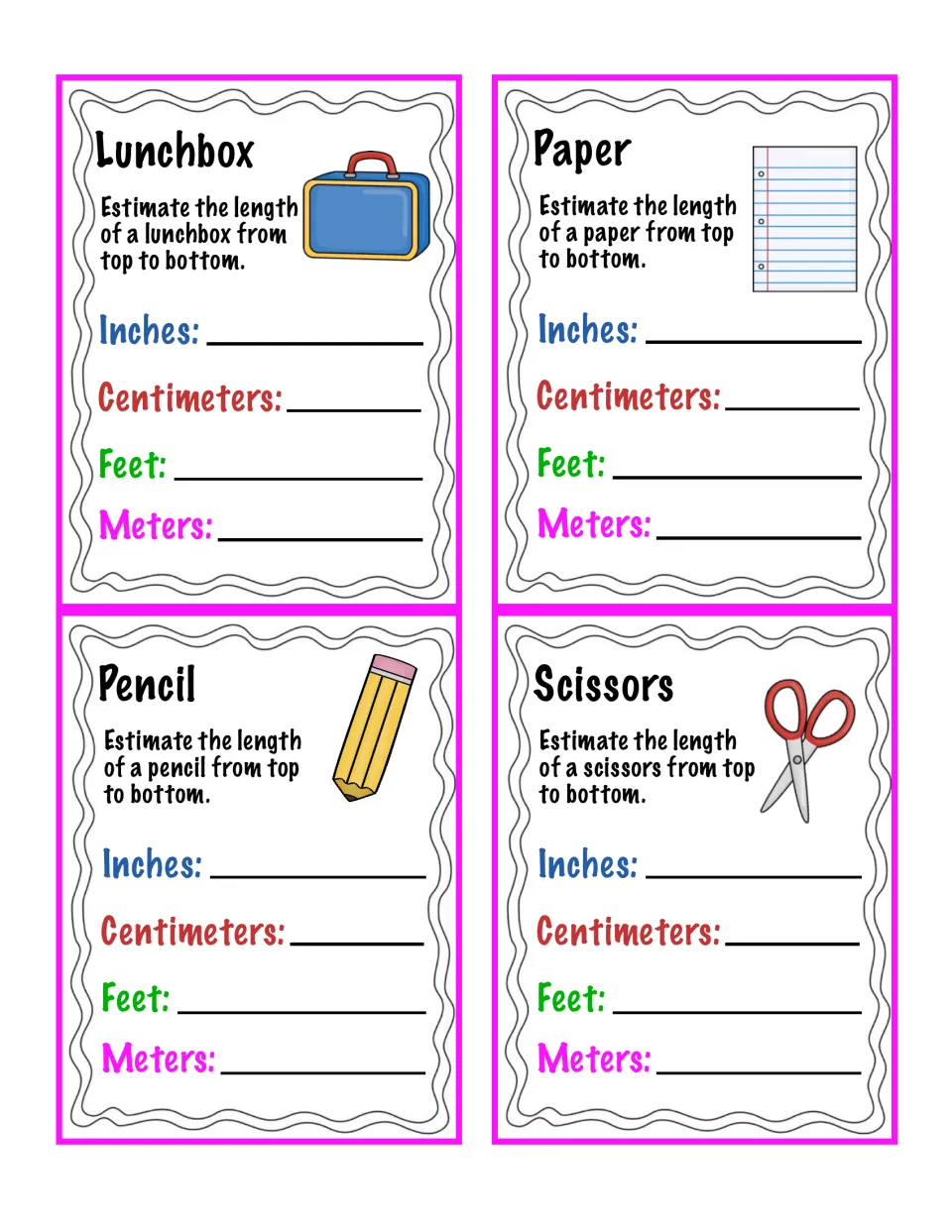 Estimation cards 5–8: lunchbox, paper, pencil, and scissors, with top-to-bottom length estimates.