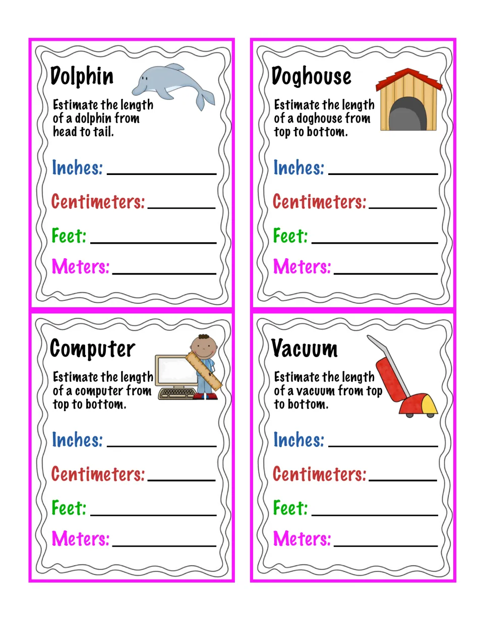 Estimation cards 9–12: dolphin, doghouse, computer, and vacuum, with estimates in four length units.