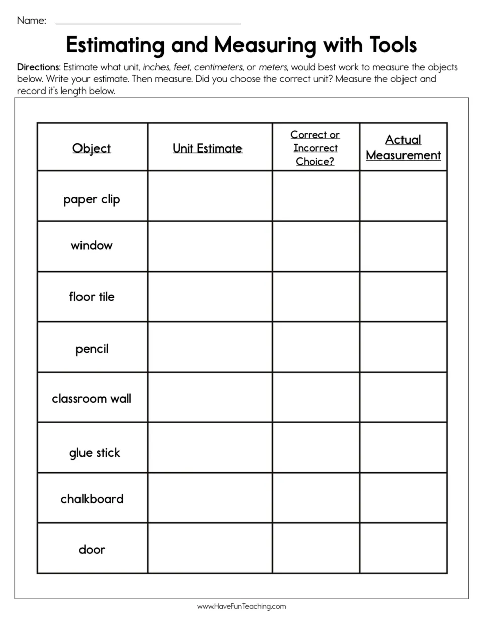 Choosing length units: students pick inches, feet, centimeters or meters for 8 objects like a pencil and door, then measure