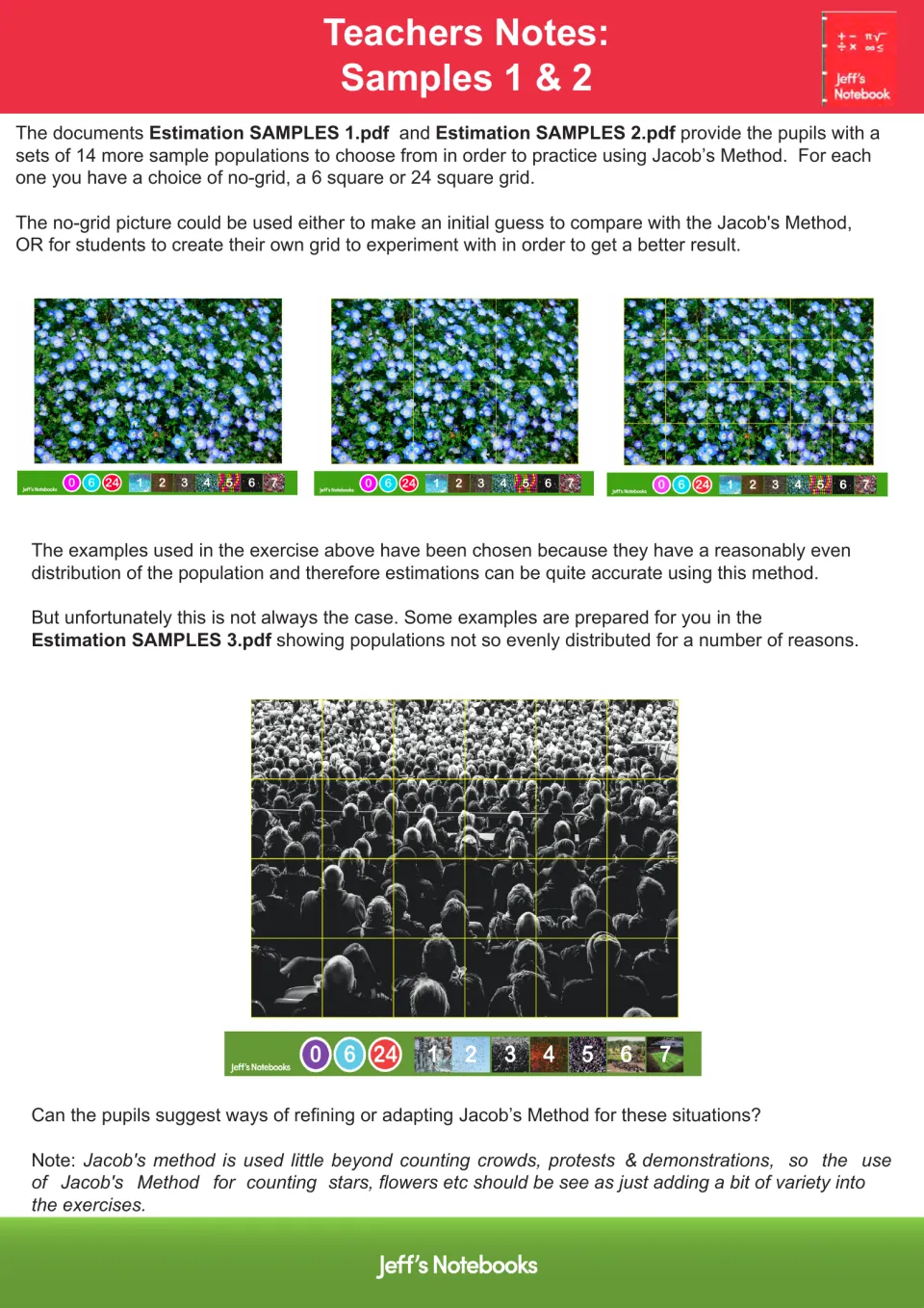 Teacher notes on Samples 1 & 2: flower photos with no grid, 6 or 24 squares, plus an uneven crowd for refining the method