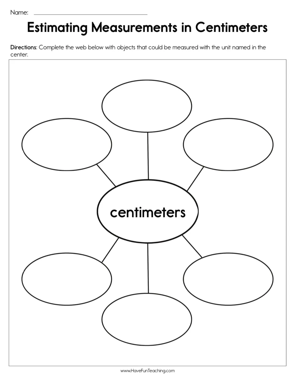 Centimeter measurement worksheet asking students to name six objects that could be measured in centimeters.