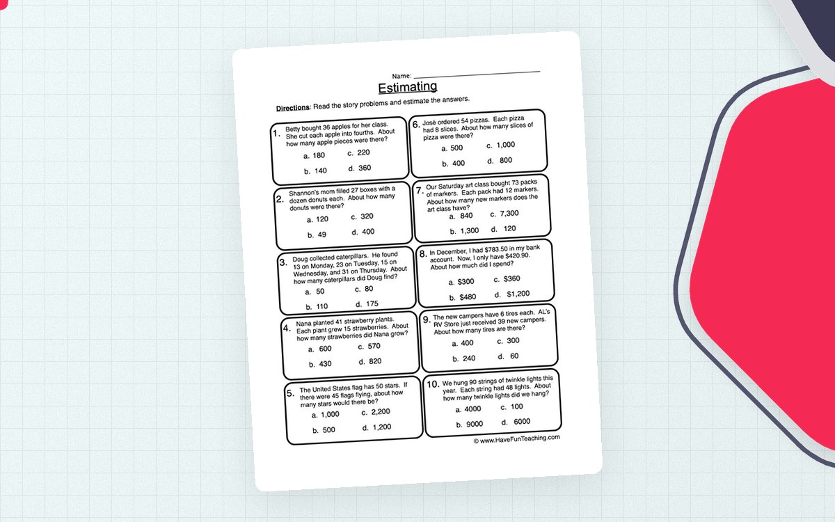 Estimation Multiple Choice Worksheet preview: Multiple contextual estimation problems
