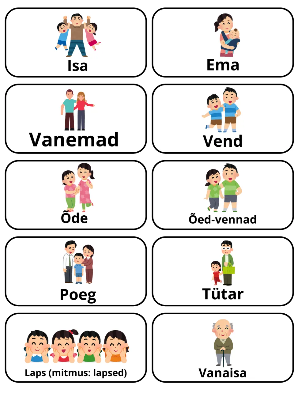 Estonian family words: 10 picture cards for Isa, Ema, Vanemad, Vend, Õde, Õed-vennad, Poeg, Tütar, Laps, Vanaisa