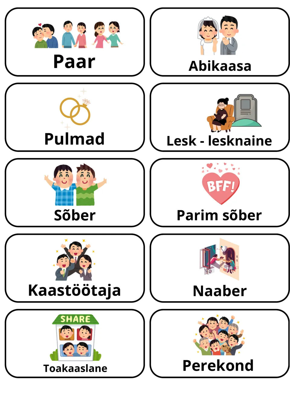 Estonian relationship words: cards for Paar, Abikaasa, Pulmad, Lesk, Sõber, Parim sõber, Kaastöötaja, Naaber, Toakaaslane