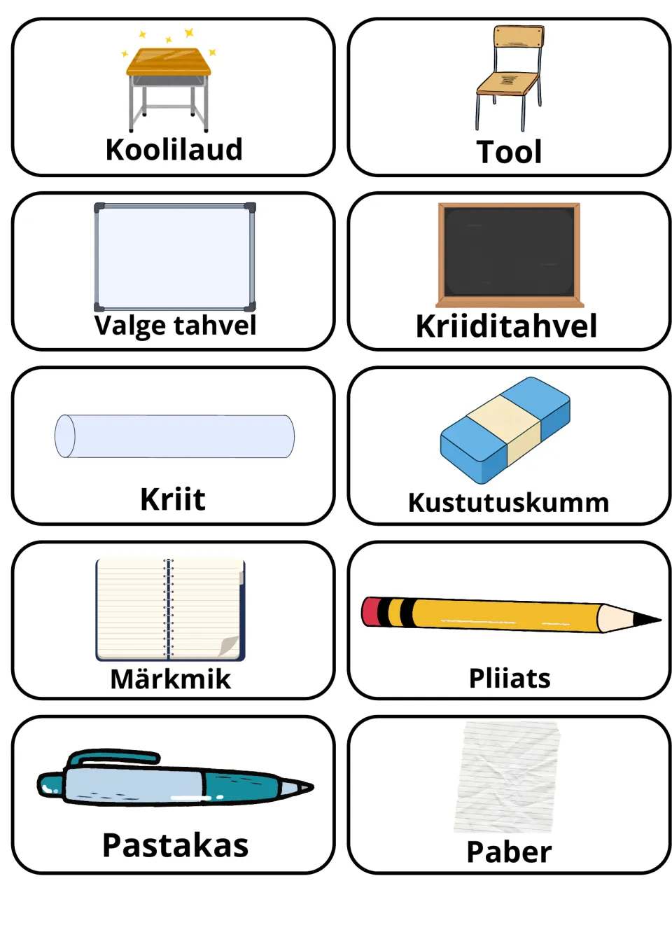 Estonian classroom objects: 10 picture cards such as Koolilaud (desk), Tool, Kriit, Pliiats and Paber for word recall