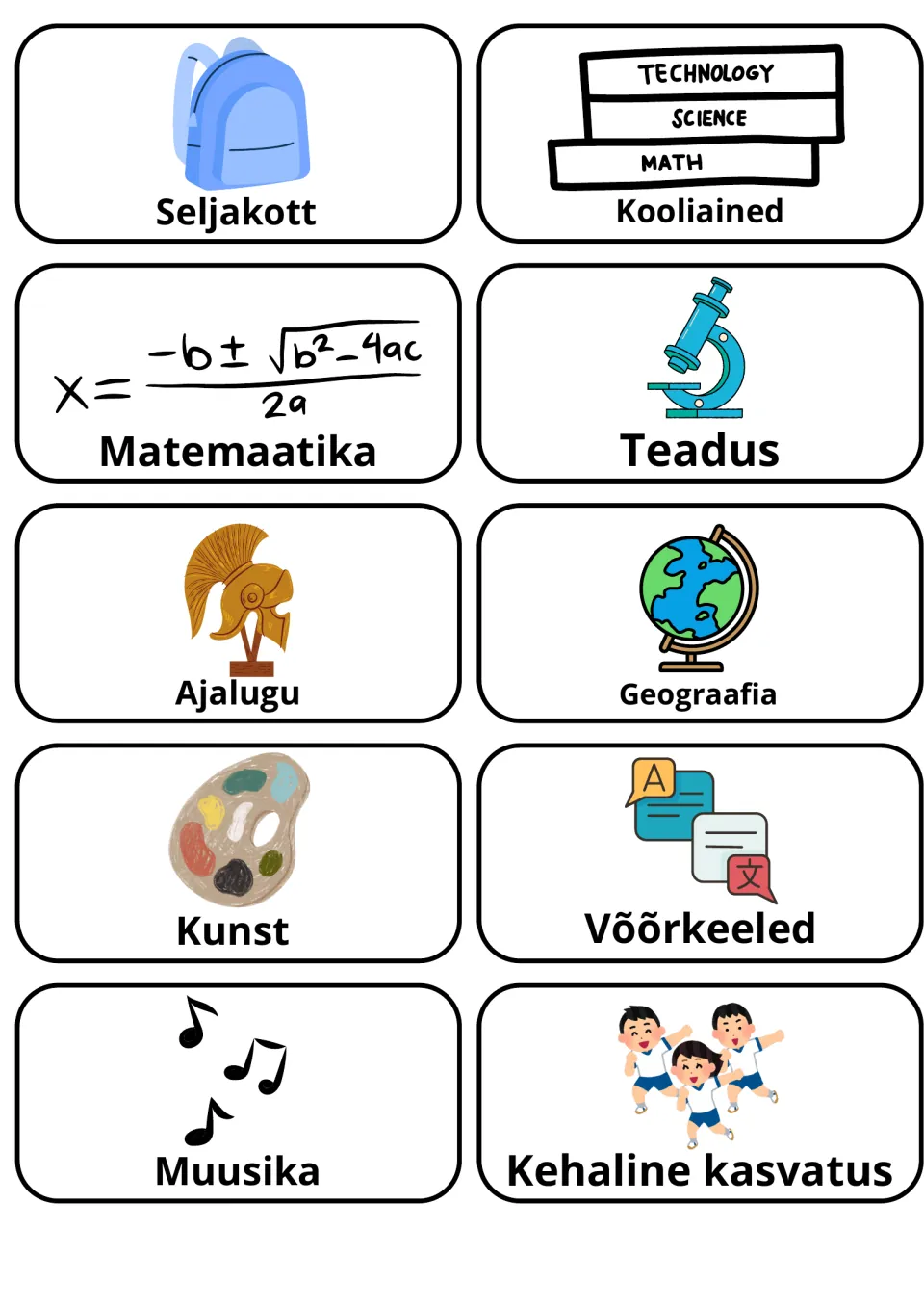Estonian school subjects: picture cards for Matemaatika, Teadus, Ajalugu, Kunst, Muusika and more, plus Seljakott