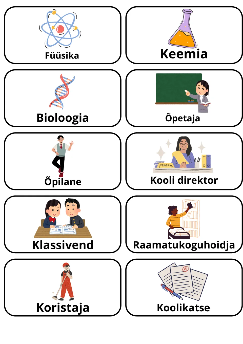 Estonian picture cards for sciences, school people and tests: Füüsika, Keemia, Bioloogia, Õpetaja, Õpilane, Koolikatse