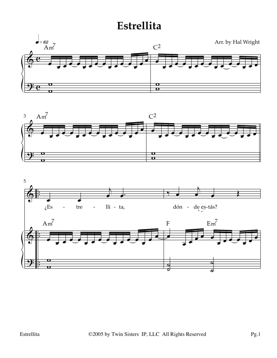 Estrellita, arr. Hal Wright: piano intro in Am7 and C2, then the Spanish vocal line begins with lyrics in measures 5-6